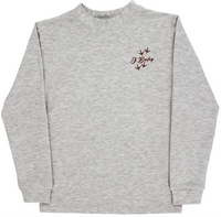 A light heather gray crewneck sweatshirt with a small dark red graphic on the left chest featuring the text 'J Byjag' and three arrows pointing downward.
