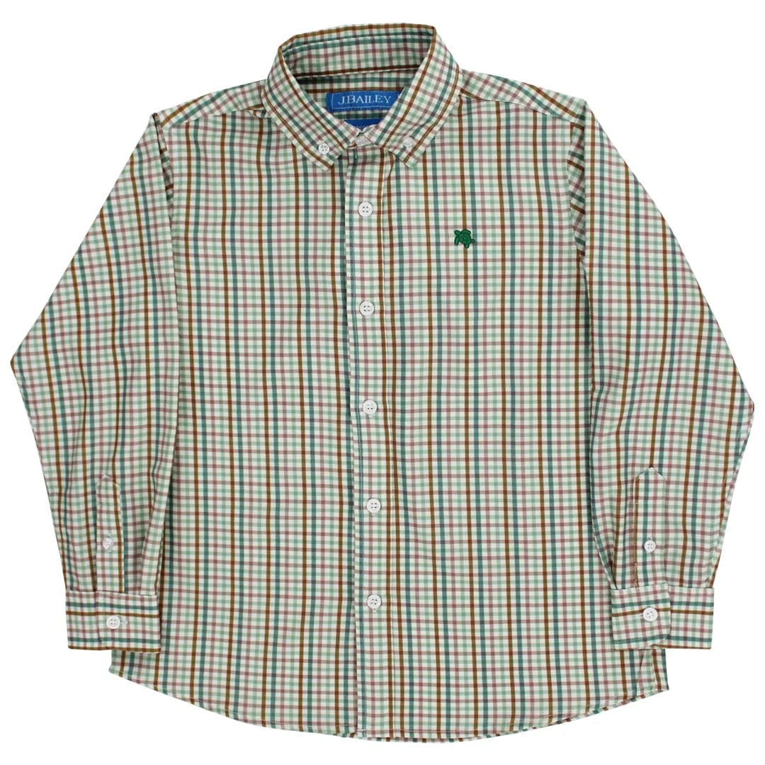 Green and brown plaid shirt with a brand logo on a white background