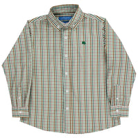 Green and brown plaid shirt with a brand logo on a white background