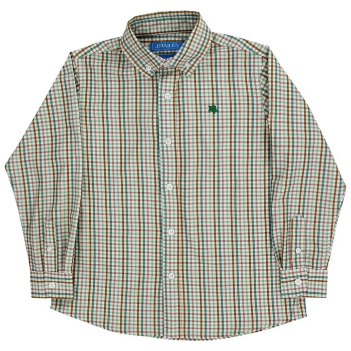 Green and brown plaid shirt with a brand logo on a white background