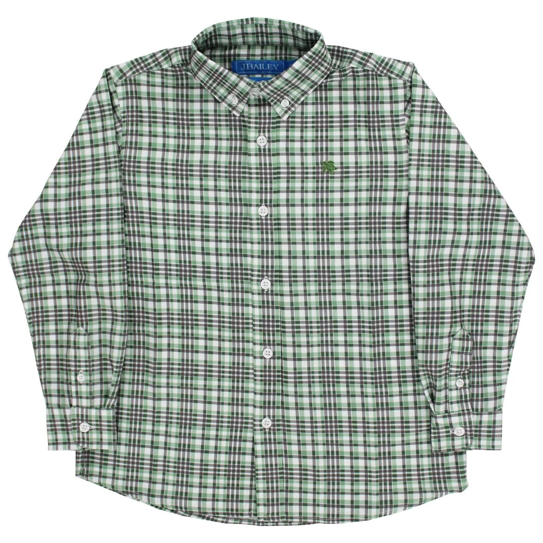 A long-sleeve button-down shirt by Ralph Lauren featuring a green, white, and black plaid pattern, with a small embroidered green lamb logo on the left chest.
