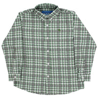 A long-sleeve button-down shirt by Ralph Lauren featuring a green, white, and black plaid pattern, with a small embroidered green lamb logo on the left chest.