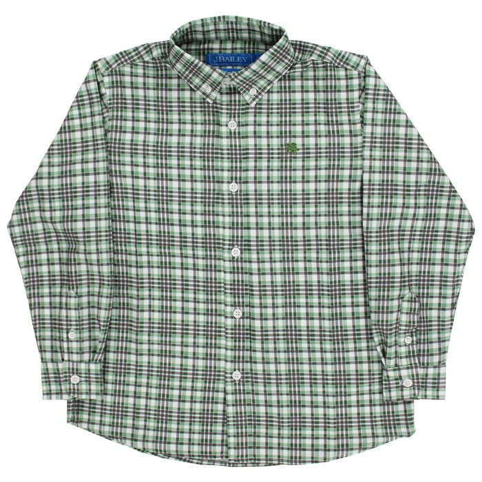 A long-sleeve button-down shirt by Ralph Lauren featuring a green, white, and black plaid pattern, with a small embroidered green lamb logo on the left chest.