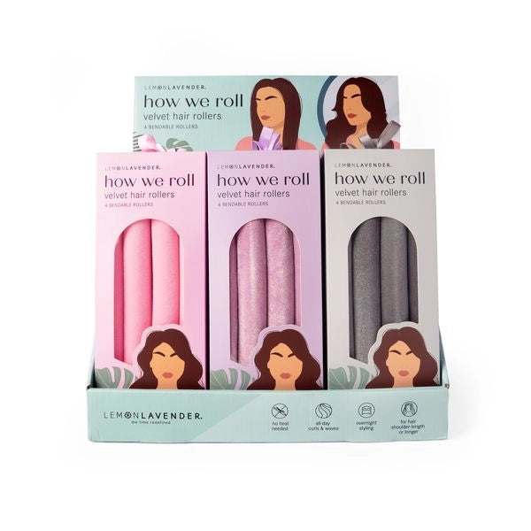 Packaging of Lemon Lavender how we roll velvet hair rollers with illustrations of women and product images.