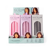 Packaging of Lemon Lavender how we roll velvet hair rollers with illustrations of women and product images.