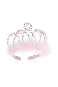 A light pink feathered tiara headband with rhinestone-embellished arches and a matching pink hair clip, shown on a plain white background.