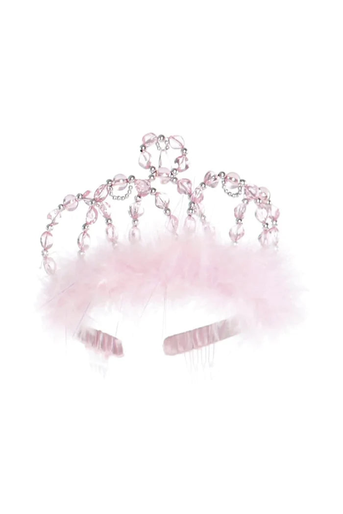 A light pink feathered tiara headband with rhinestone-embellished arches and a matching pink hair clip, shown on a plain white background.