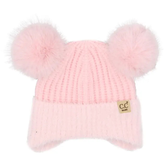 INFANT DOUBLE POM CHENILLE BEANIE WITH EARFLAP LIGHT PINK