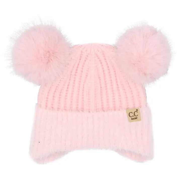 INFANT DOUBLE POM CHENILLE BEANIE WITH EARFLAP LIGHT PINK