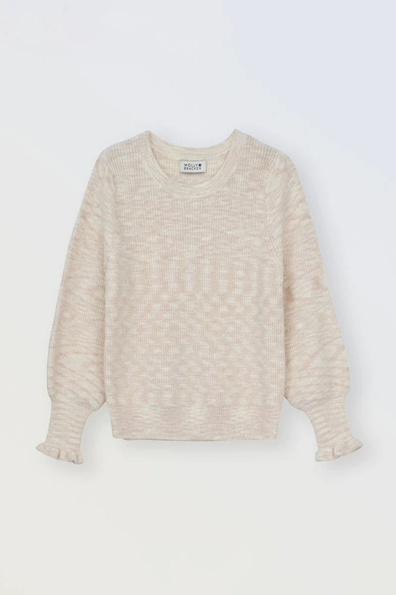 MOLLY BRACKEN GIRLS KNITTED CREAM SWEATER WITH RUFFLE CUFFS