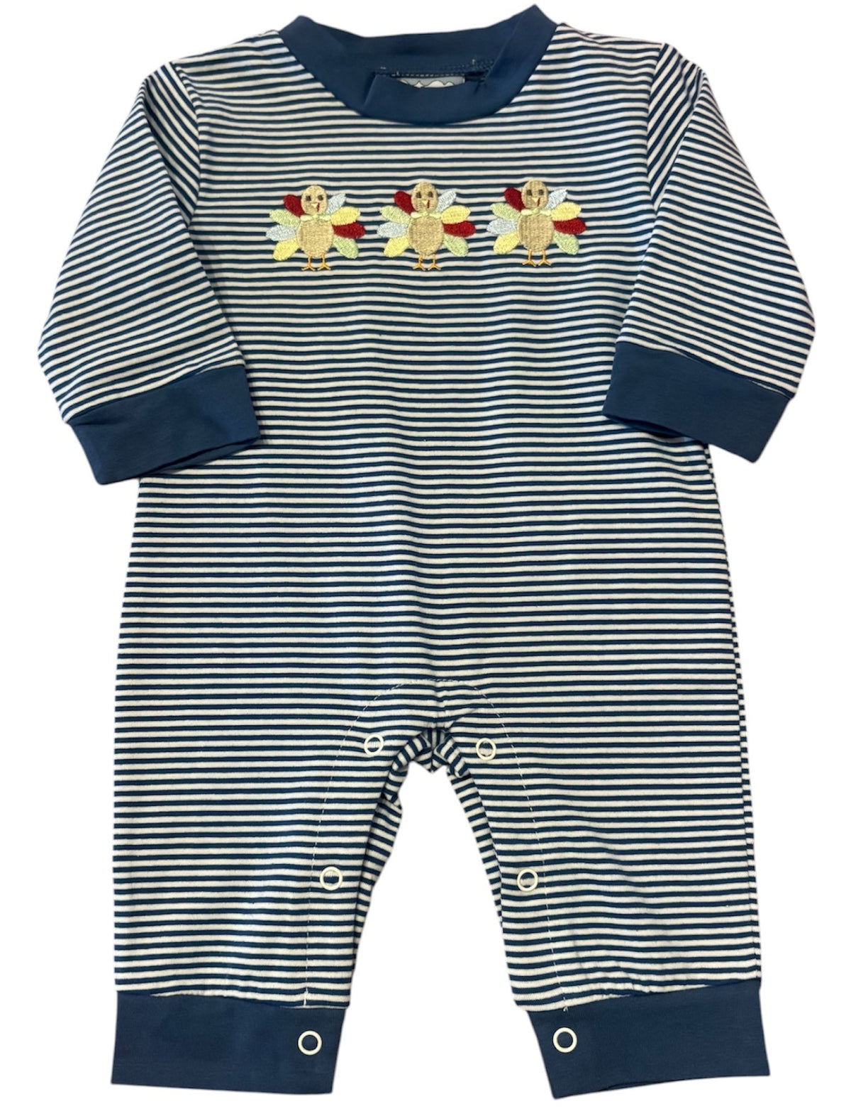 A baby's long-sleeve striped romper in navy blue and white, featuring three embroidered teddy bears on the chest and navy blue cuffs and leg hems.