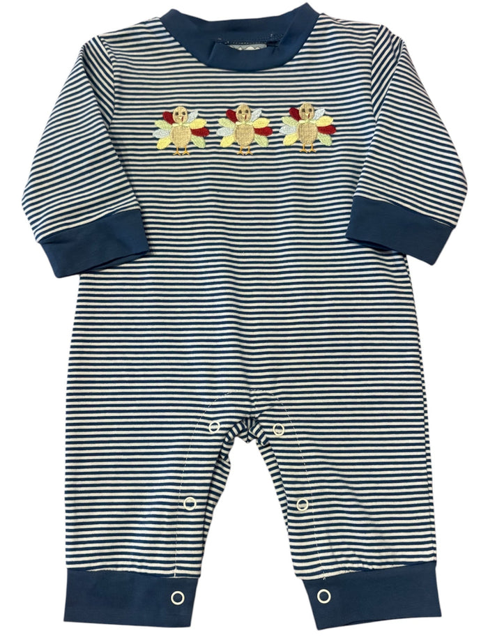 A baby's long-sleeve striped romper in navy blue and white, featuring three embroidered teddy bears on the chest and navy blue cuffs and leg hems.