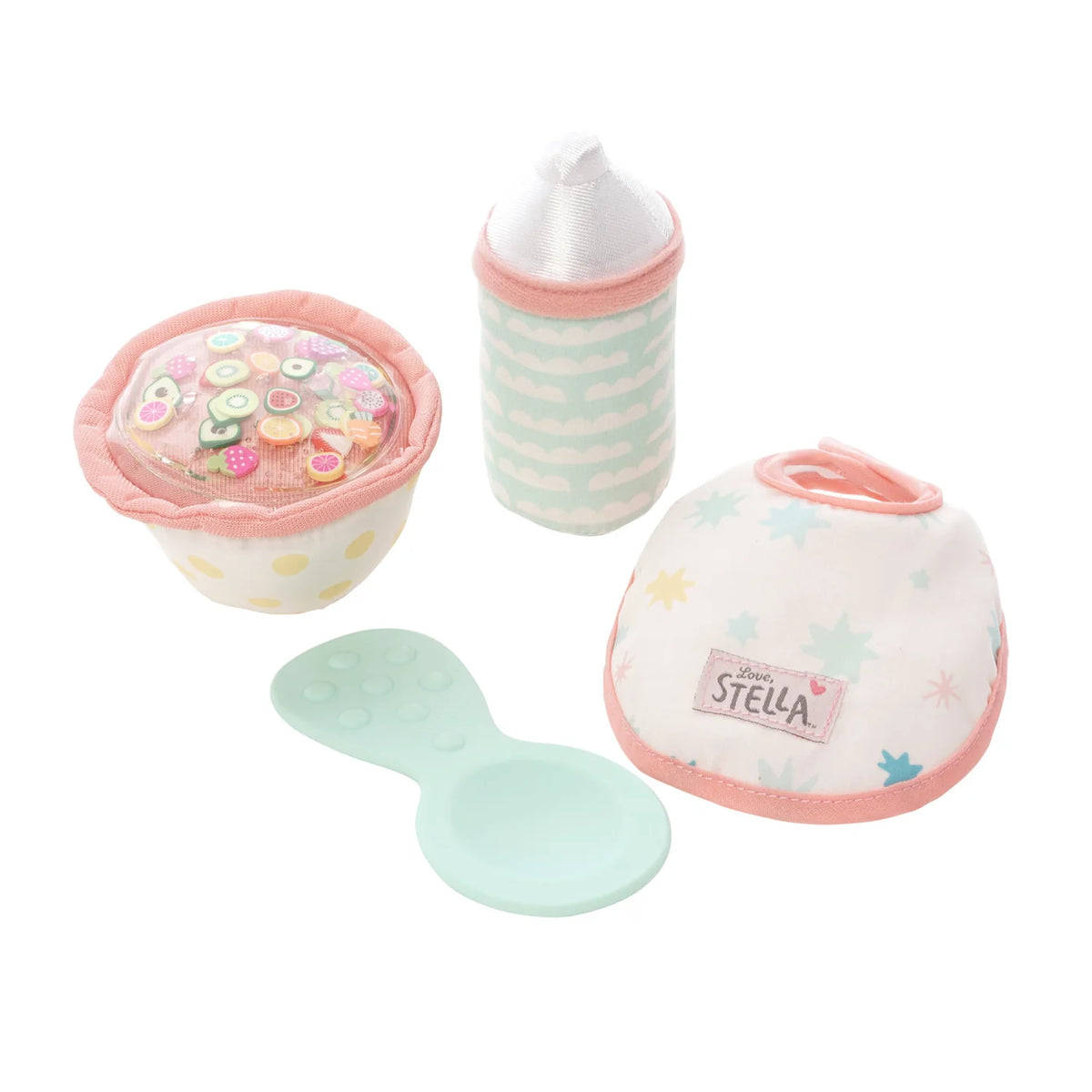 Set of baby accessories including a bib, cup, and bottle on a white background