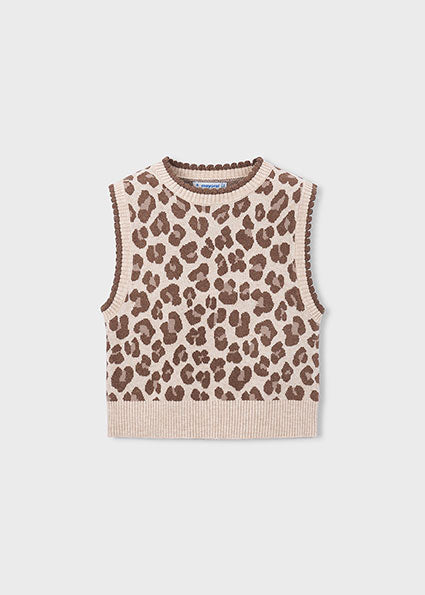 Leopard print sleeveless sweater on a light gray background