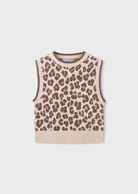 Leopard print sleeveless sweater on a light gray background