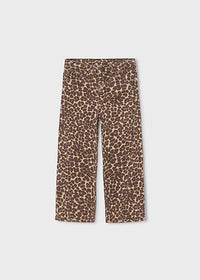 A pair of cropped pants featuring a brown and beige leopard print pattern, displayed flat against a light gray background.