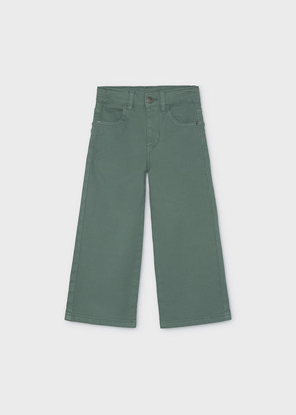 A pair of wide-leg cropped pants in a muted sage green color, laid flat against a light gray background.