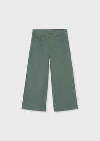 A pair of wide-leg cropped pants in a muted sage green color, laid flat against a light gray background.
