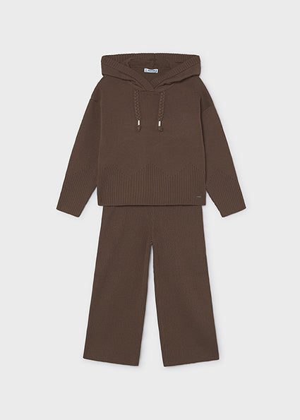 A two-piece children's knit set in a solid dark brown color, featuring a hooded long-sleeve top with drawstrings and matching wide-leg pants, displayed on a light gray background.