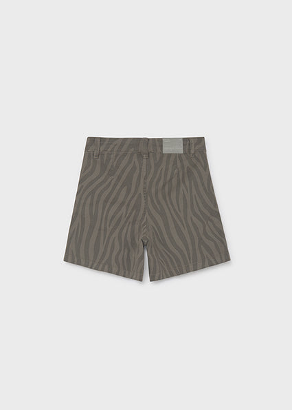 A pair of grayish-brown shorts with a zebra stripe pattern, shown flat against a light gray background.