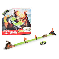 Dickie Toys Volcano Launcher toy set with a green track, orange volcano ramps, brown ramps, and a small green and black toy car, shown next to its retail box on a white background.