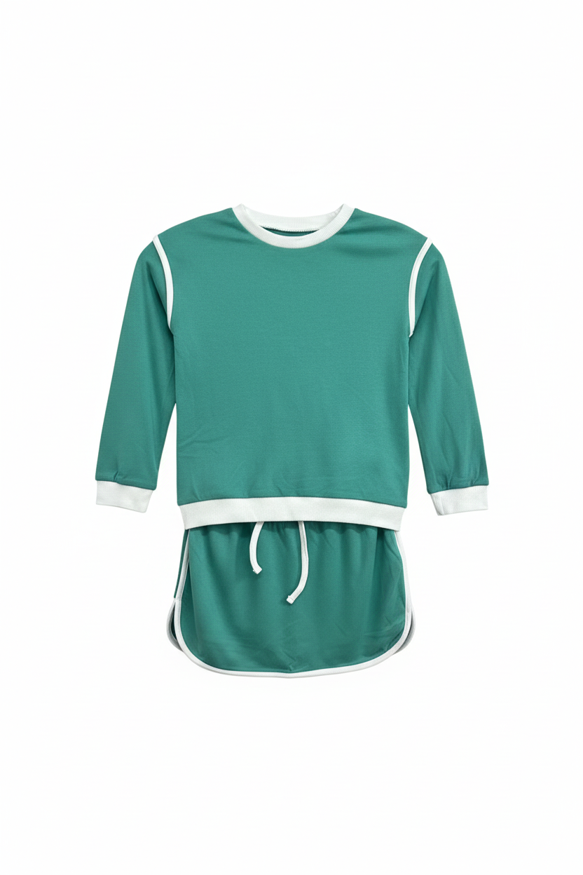 A two-piece athletic set in teal green with white trim, featuring a long-sleeve top with a drawstring hem and matching shorts, displayed on a clean white background.