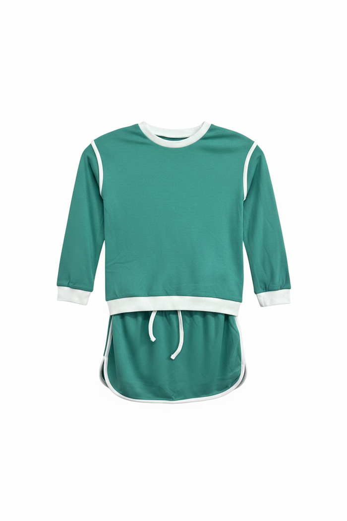 A two-piece athletic set in teal green with white trim, featuring a long-sleeve top with a drawstring hem and matching shorts, displayed on a clean white background.