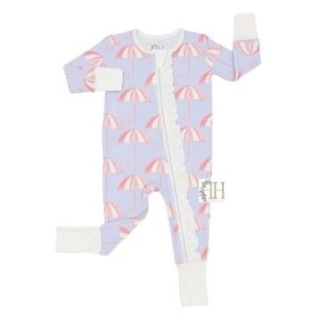 PURPLE UMBRELLAS FLORAL RUFFLE DOUBLE ZIPPER ROMPER