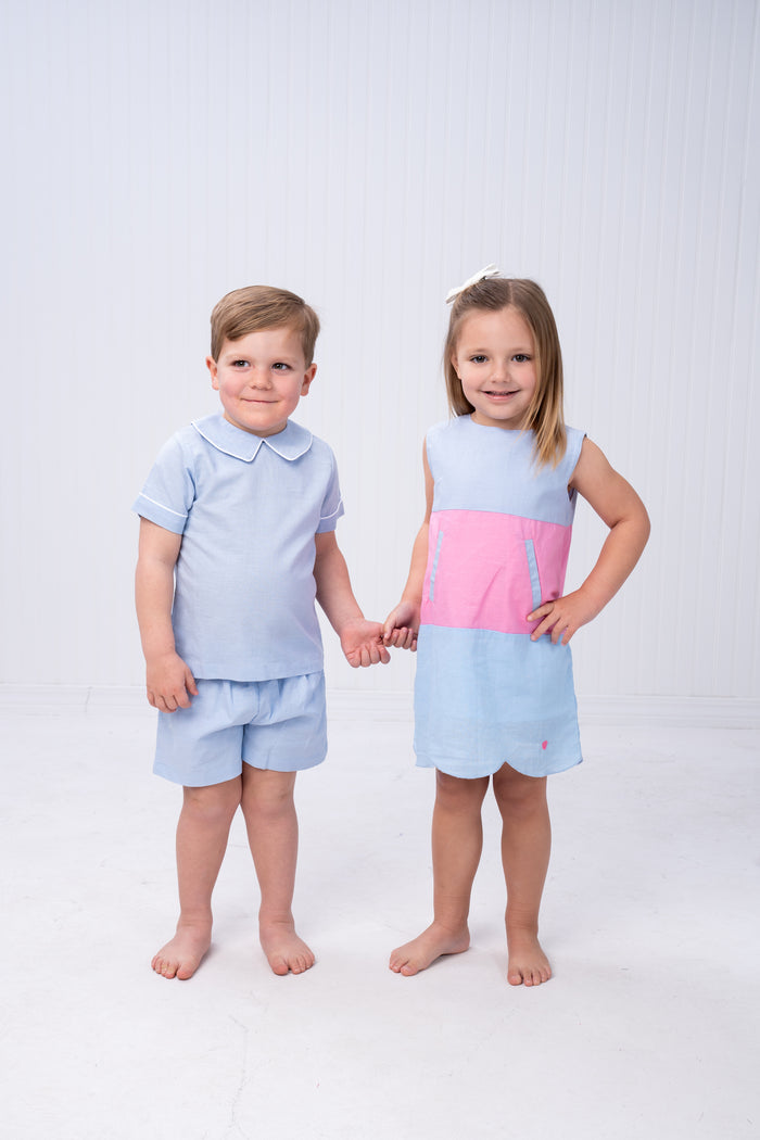 THE OAKS PIPER DRESS BLUE & PINK LINEN