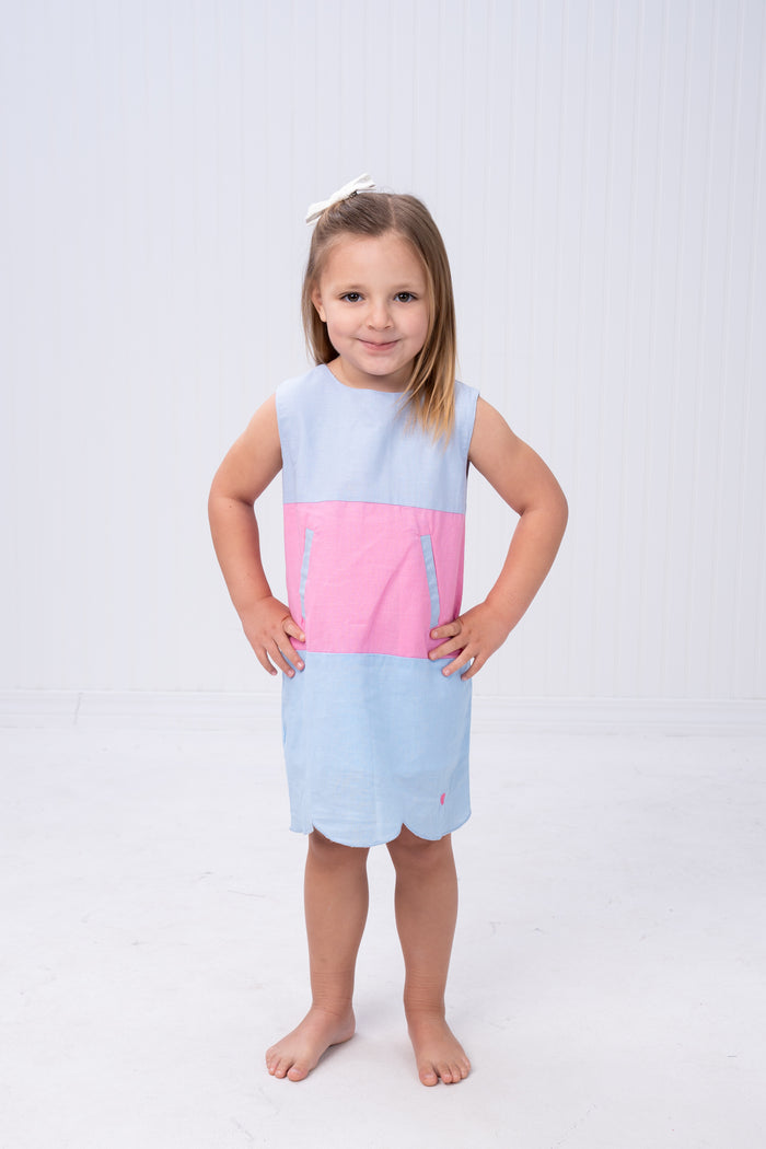 THE OAKS PIPER DRESS BLUE & PINK LINEN