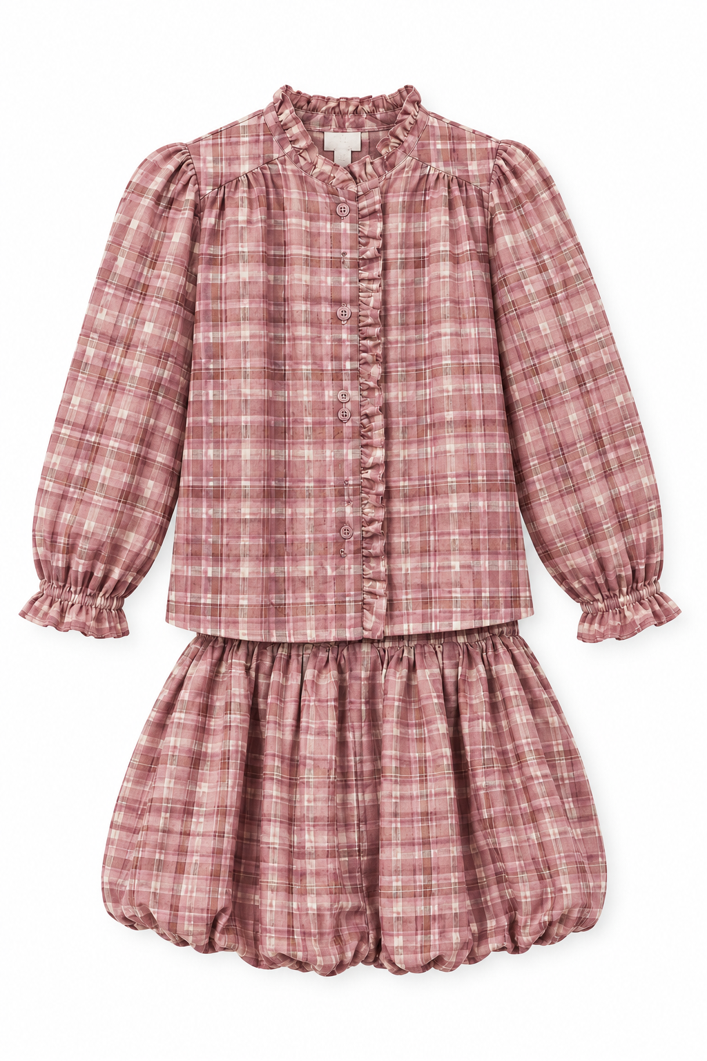 A two-piece girls' outfit in a dusty rose and pink plaid fabric, featuring a long-sleeve button-front blouse with ruffle trim and a matching ruffled skirt, shown on a plain white background.