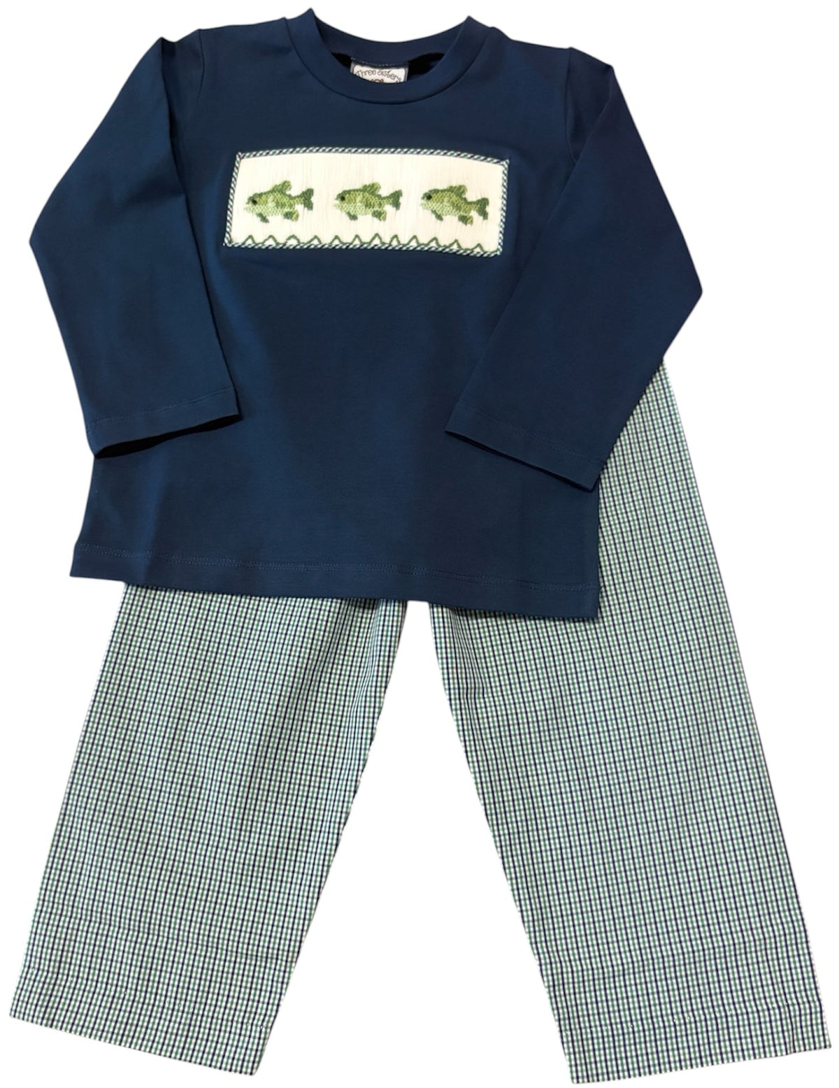A two-piece children's set featuring a navy blue long-sleeve top with a white rectangular chest panel containing embroidered green fish, paired with matching green and white checkered pants, shown on a plain white background.