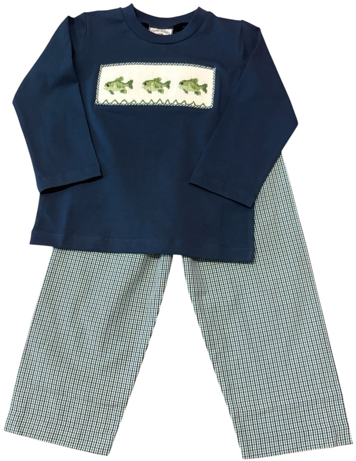 A two-piece children's set featuring a navy blue long-sleeve top with a white rectangular chest panel containing embroidered green fish, paired with matching green and white checkered pants, shown on a plain white background.