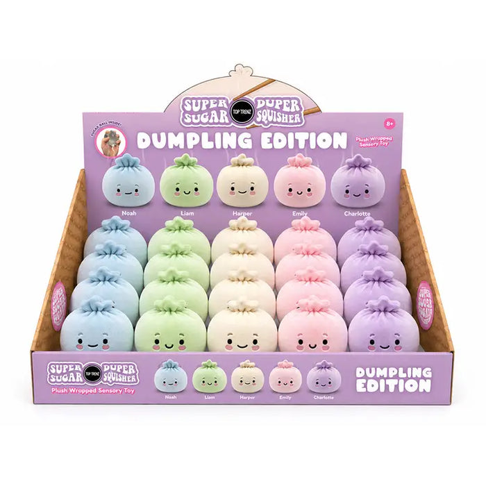 Super Sugar Bites Super Squishee Dumpling Edition display box containing 24 pastel-colored plush dumpling toys arranged in rows on a purple and brown cardboard stand.