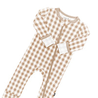 KYTE BABY ZIPPERED ROMPER IN GINGHAM BISQUE