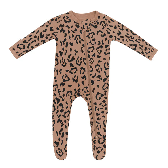 KYTE BABY ZIPPERED FOOTIE IN LATTE LEOPARD