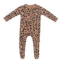 KYTE BABY ZIPPERED FOOTIE IN LATTE LEOPARD