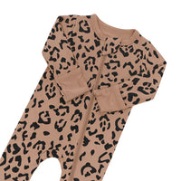 KYTE BABY ZIPPERED FOOTIE IN LATTE LEOPARD