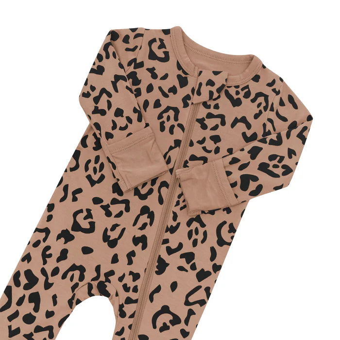 KYTE BABY ZIPPERED FOOTIE IN LATTE LEOPARD