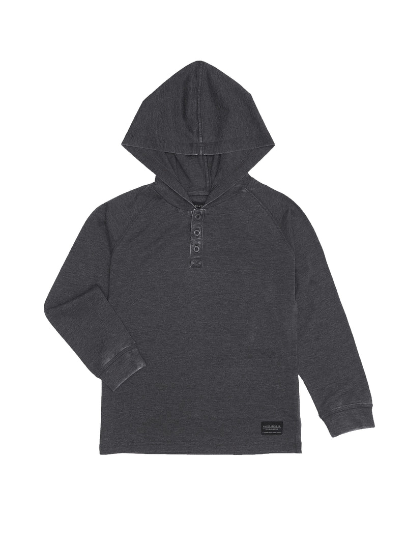 SILVER JEANS ACID WASHED HENLEY HOODIE CHARCOAL