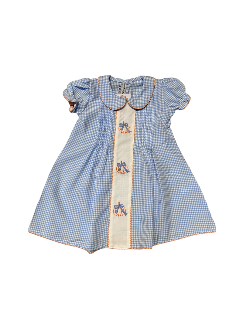 SWEET DREAMS BLUE GINGHAM EMBROIDERY PUMPKIN BOW DRESS