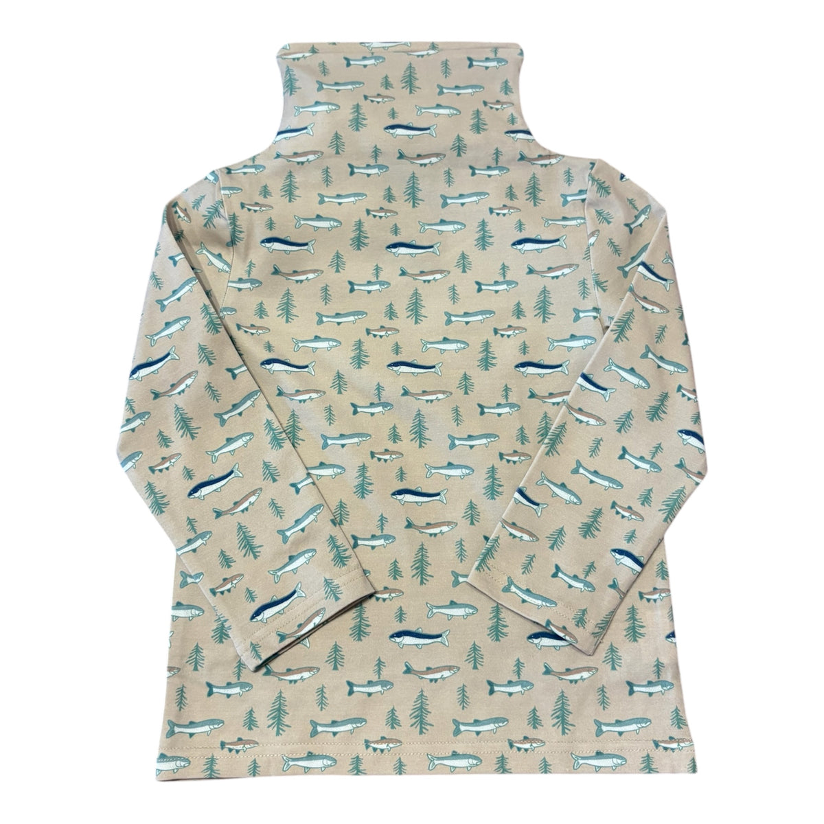 A beige long-sleeve turtleneck top with an all-over print of blue and gray fish and green pine trees, shown flat against a white background.