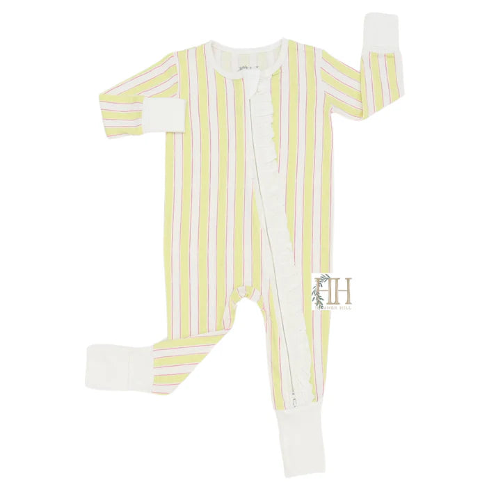 Yellow Stripes Ruffle Double Zipper Romper