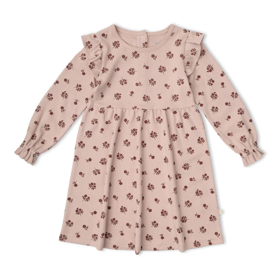 A long-sleeve baby dress in dusty pink with a small dark red floral print, featuring ruffled shoulders and a gathered waist, laid flat on a white background.
