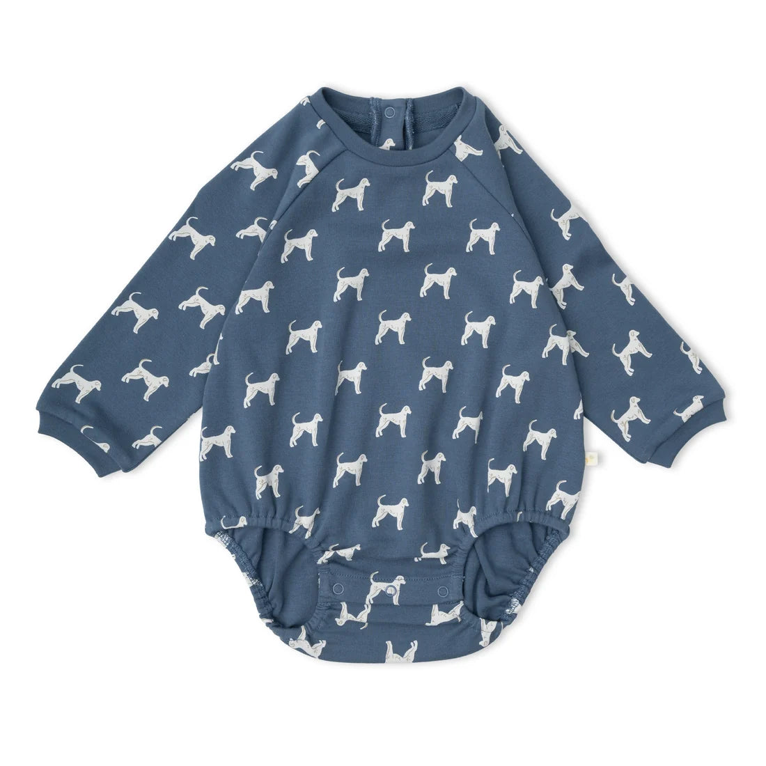 A baby long-sleeve bodysuit in slate blue with an all-over white dog print, laid flat on a white background.