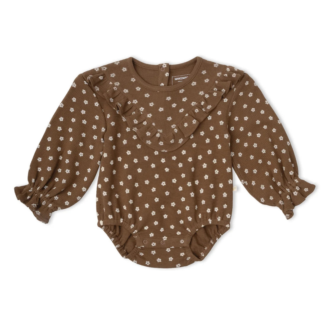Brown floral-patterned baby romper on a white background