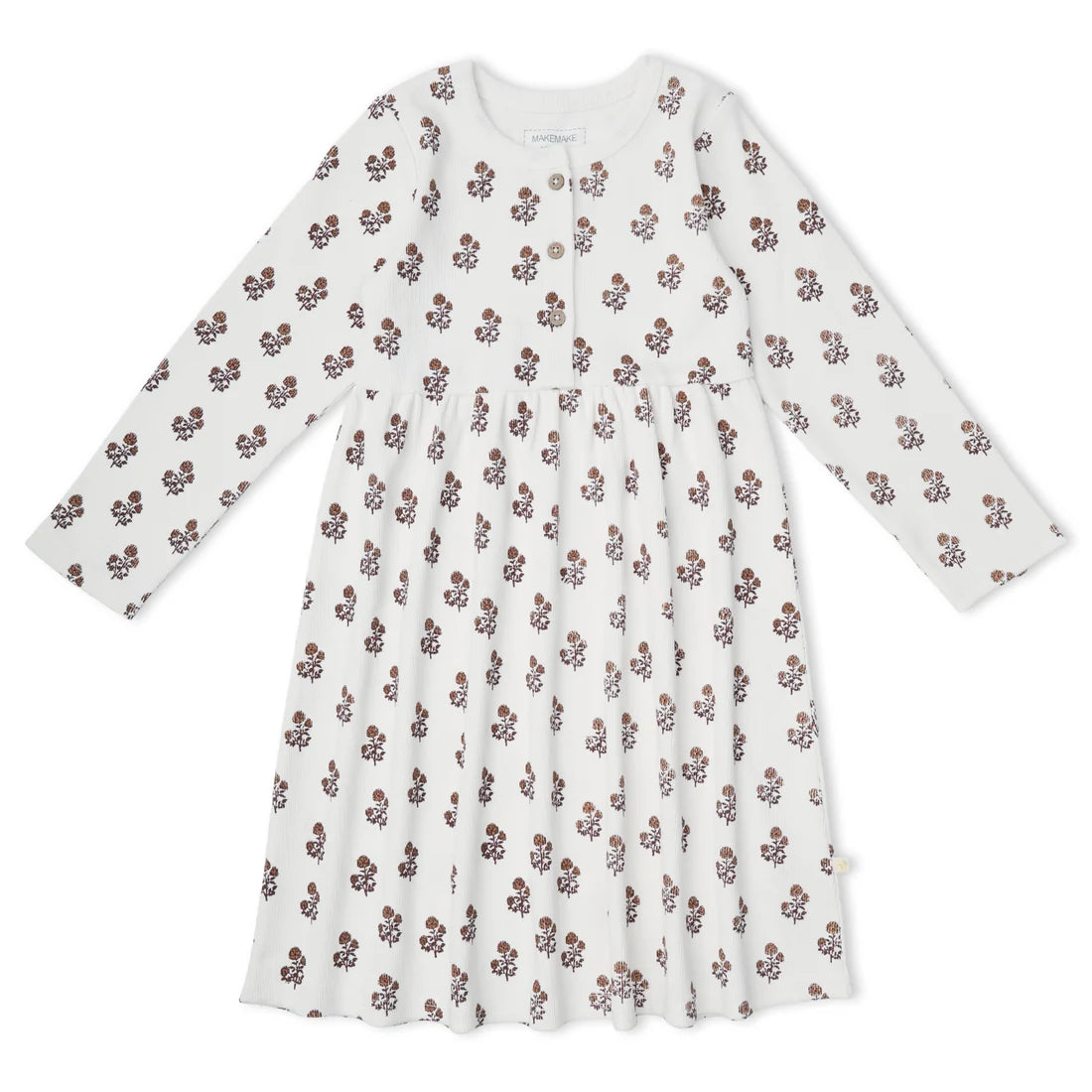 A long-sleeve baby dress in white with an all-over small brown and pink floral print, featuring a buttoned neckline and a gathered skirt.