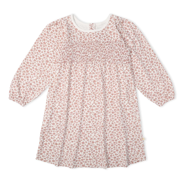 A long-sleeve baby dress with a smocked chest and an all-over small floral print in dusty pink and white, shown flat on a white background.