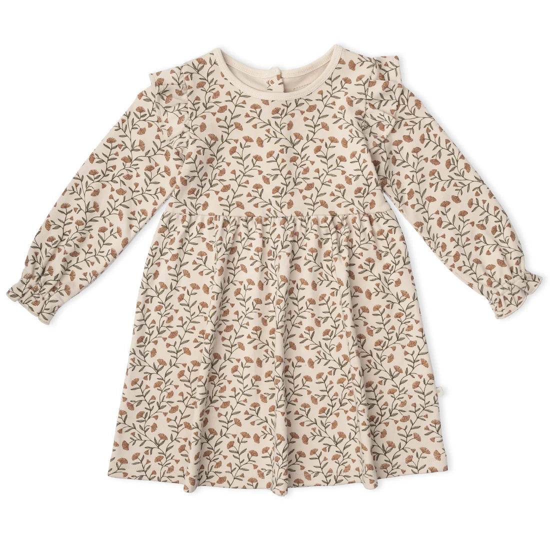 A long-sleeve baby dress with a beige and brown floral pattern, featuring ruffled sleeves and a gathered waist, laid flat on a white background.