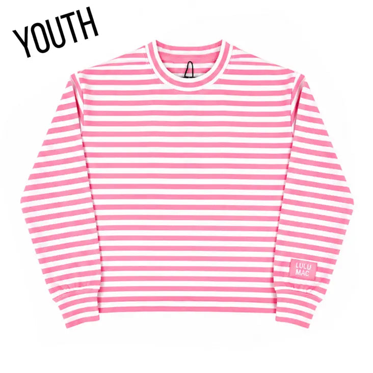 A pink and white horizontally striped long-sleeve sweatshirt for youth, featuring a crew neck and a small pink label on the left sleeve cuff that reads 'LOL U MADE'. The word 'YOUTH' is printed in black text in the top-left corner, set against a plain white background.